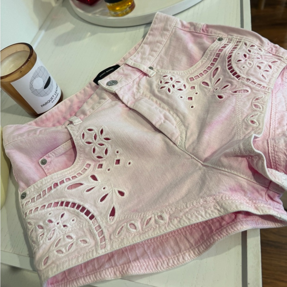 Isabel Marant Light Pink Eyelet Embroidered Denim Shorts